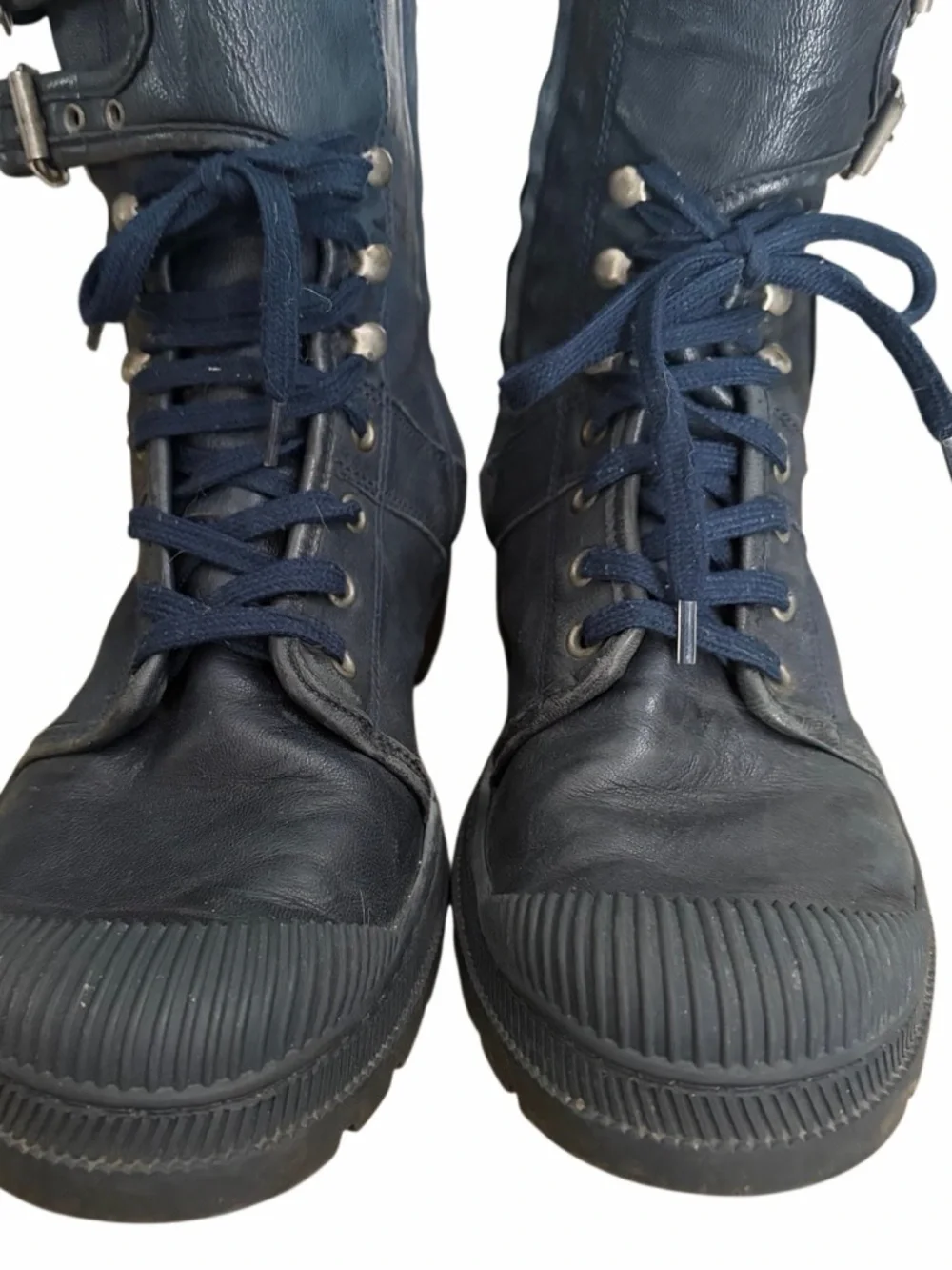 Pataugas black leather moto style buckle boots, side zip, lace up , sz 38/5/7.5.